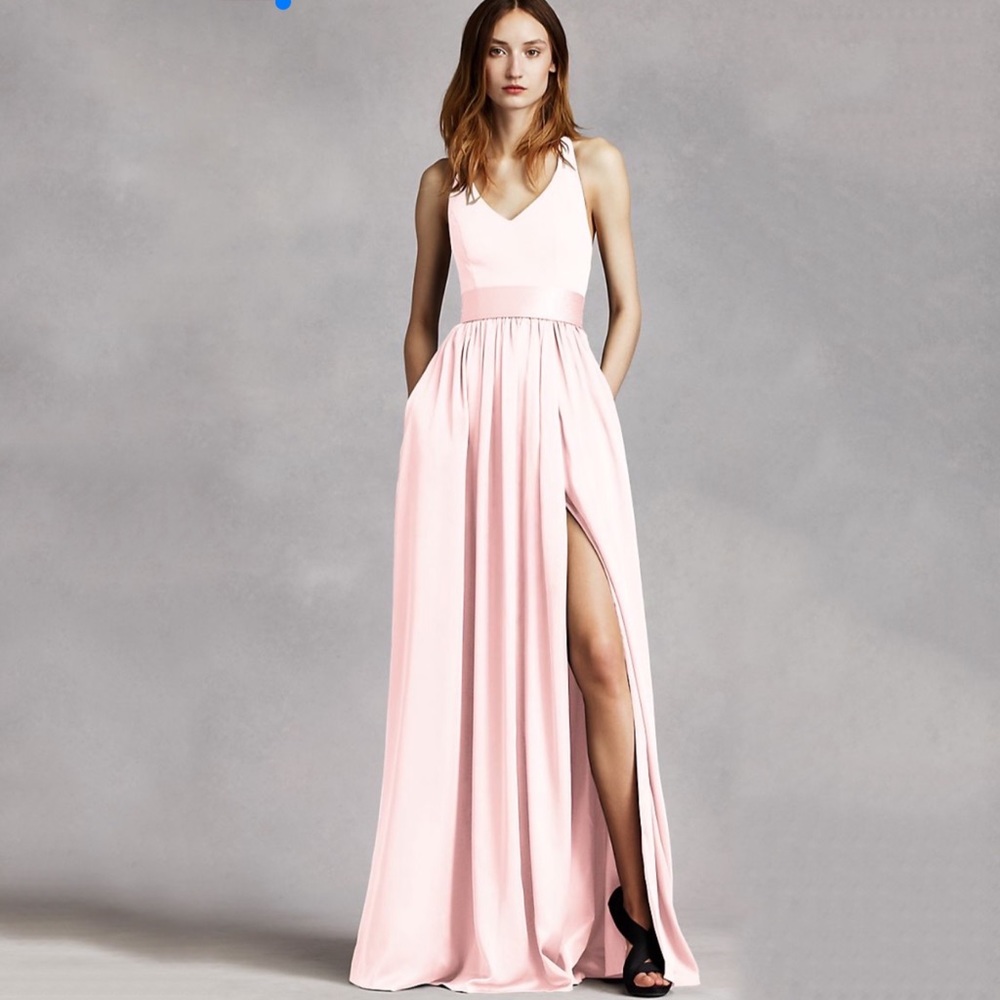 WHITE BY VERA WANG V Neck Halter Gown with Sash in petal